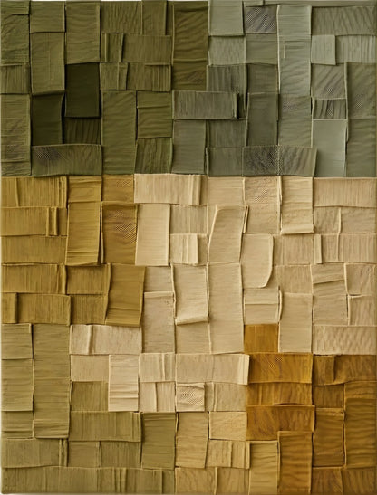 Composition abstraite en relief évoquant matières naturelles et textures textiles dans des tons beiges et verts pour décoration murale moderne
