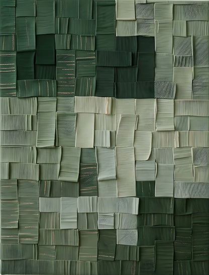 Composition abstraite en relief avec formes rectangulaires vertes superposées créant un effet de profondeur élégant et moderne décoration murale
