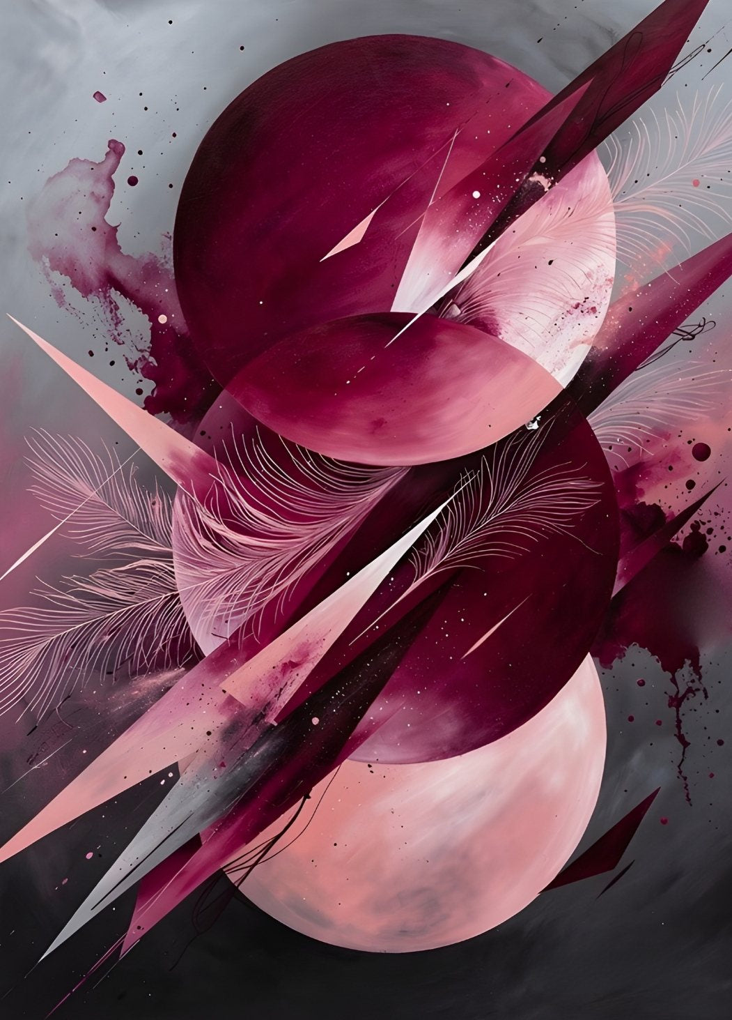 Tableau abstrait moderne rouge avec formes circulaires et composition artistique dynamique

