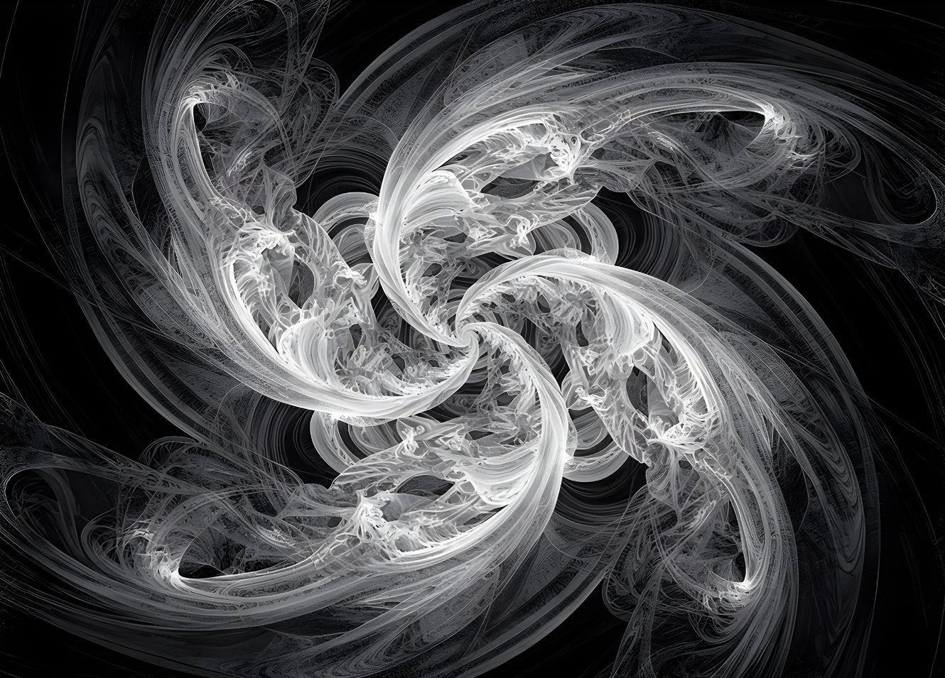 Composition abstraite en spirale lumineuse blanche sur fond noir créant un effet de mouvement et de profondeur pour décoration murale moderne
