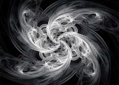 Composition abstraite en spirale lumineuse blanche sur fond noir créant un effet de mouvement et de profondeur pour décoration murale moderne
