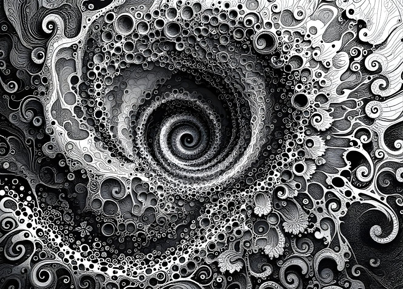 Spirale abstraite noir et blanc avec détails organiques complexes et textures riches créant une décoration murale moderne immersive et captivante
