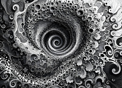 Spirale abstraite noir et blanc avec détails organiques complexes et textures riches créant une décoration murale moderne immersive et captivante
