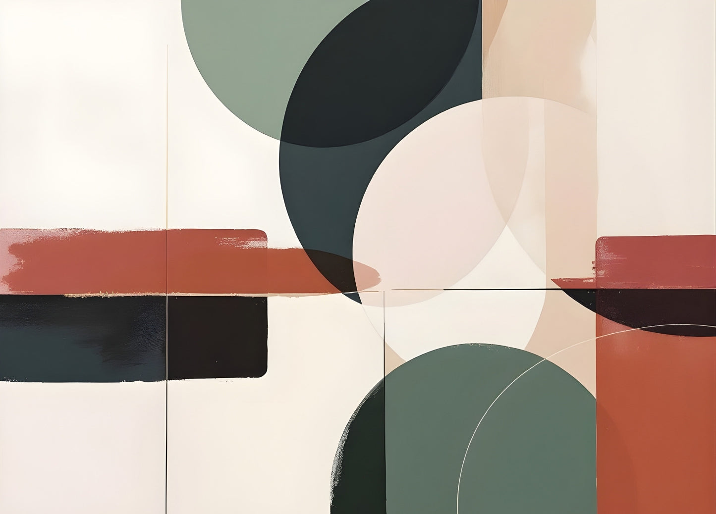 Tableau abstrait terracotta et vert sauge, composition géométrique contemporaine
