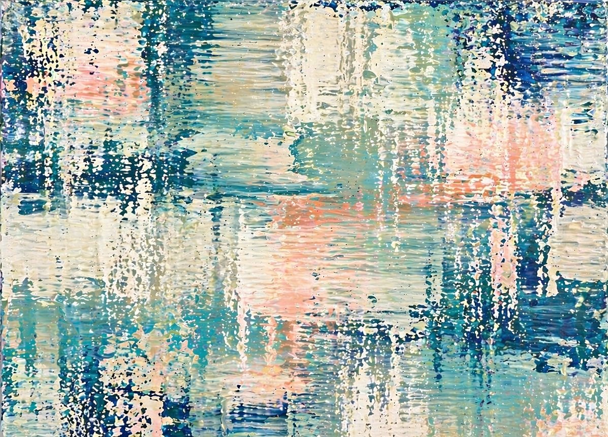 Tableau abstrait contemporain aux textures lumineuses bleu turquoise blanc et rose inspirées des reflets naturels
