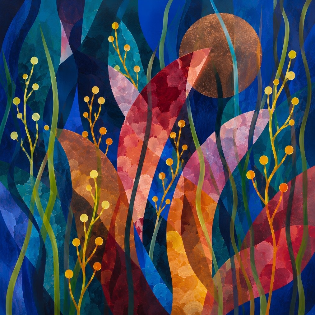Tableau abstrait végétal aux couleurs vibrantes inspiré d’un jardin imaginaire contemporain et lumineux
