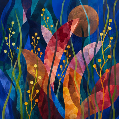 Tableau abstrait végétal aux couleurs vibrantes inspiré d’un jardin imaginaire contemporain et lumineux
