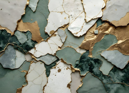 Tableau abstrait vert et doré Fragments Précieux inspiré du kintsugi
