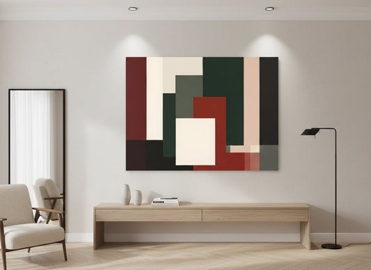 Tableau abstrait géométrique vert et terracotta en décoration intérieure contemporaine
