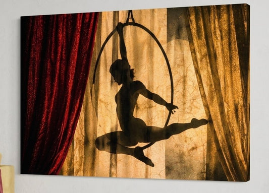 Tableau acrobate sur cerceau dans une ambiance de spectacle aux rideaux rouges et lumière chaleureuse
