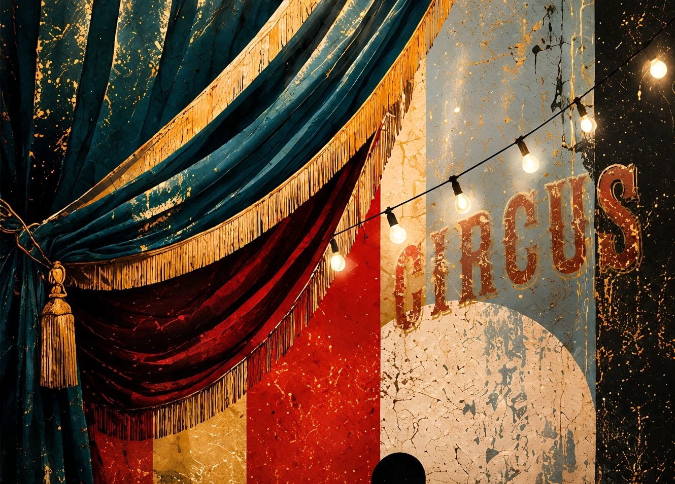 Tableau représentant l'entrée d'un chapiteau vintage avec de grands rideaux en velours, des rayures rouges et blanches, des guirlandes lumineuses et une ambiance Circus Chic inspirée des anciens spectacles.
