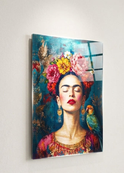 Tableau Frida Kahlo aux fleurs et perroquet imprimé sur aluminium avec couleurs profondes et finition métallique
