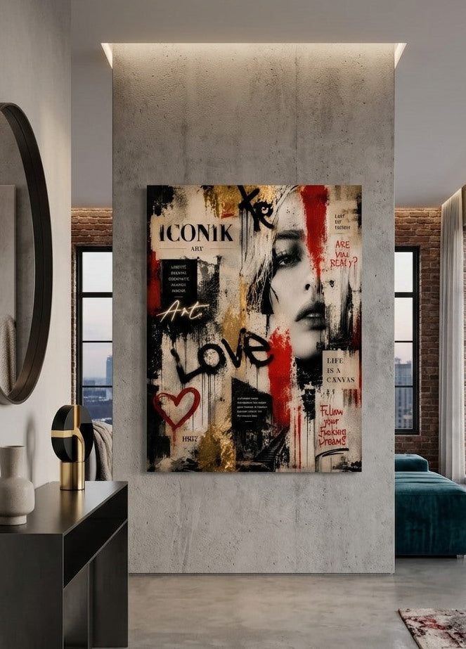 Tableau amour contemporain rouge, noir et beige avec portrait féminin, cœur graphique et détails street art inspirés des murs urbains.
