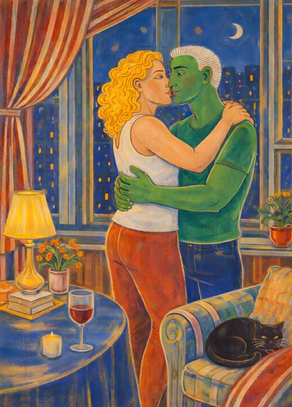 Tableau moderne couple enlacé ville nocturne
