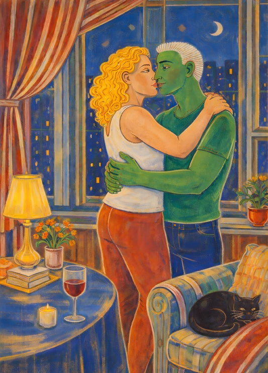 Tableau moderne couple enlacé ville nocturne
