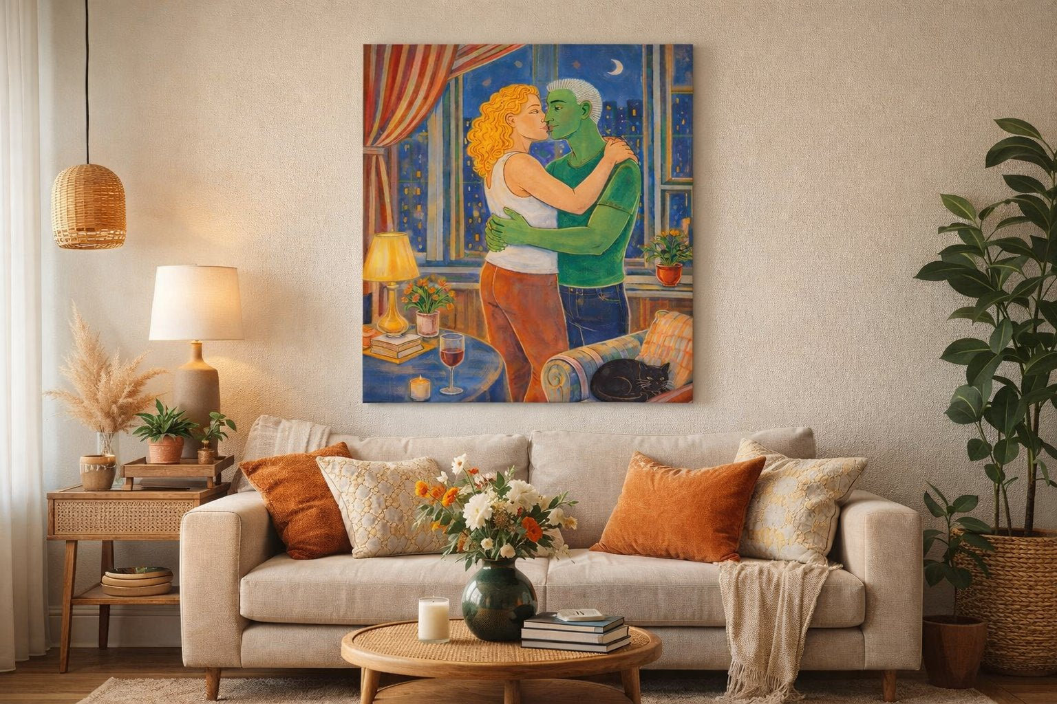 Tableau deco salon amour urbain en intérieur
