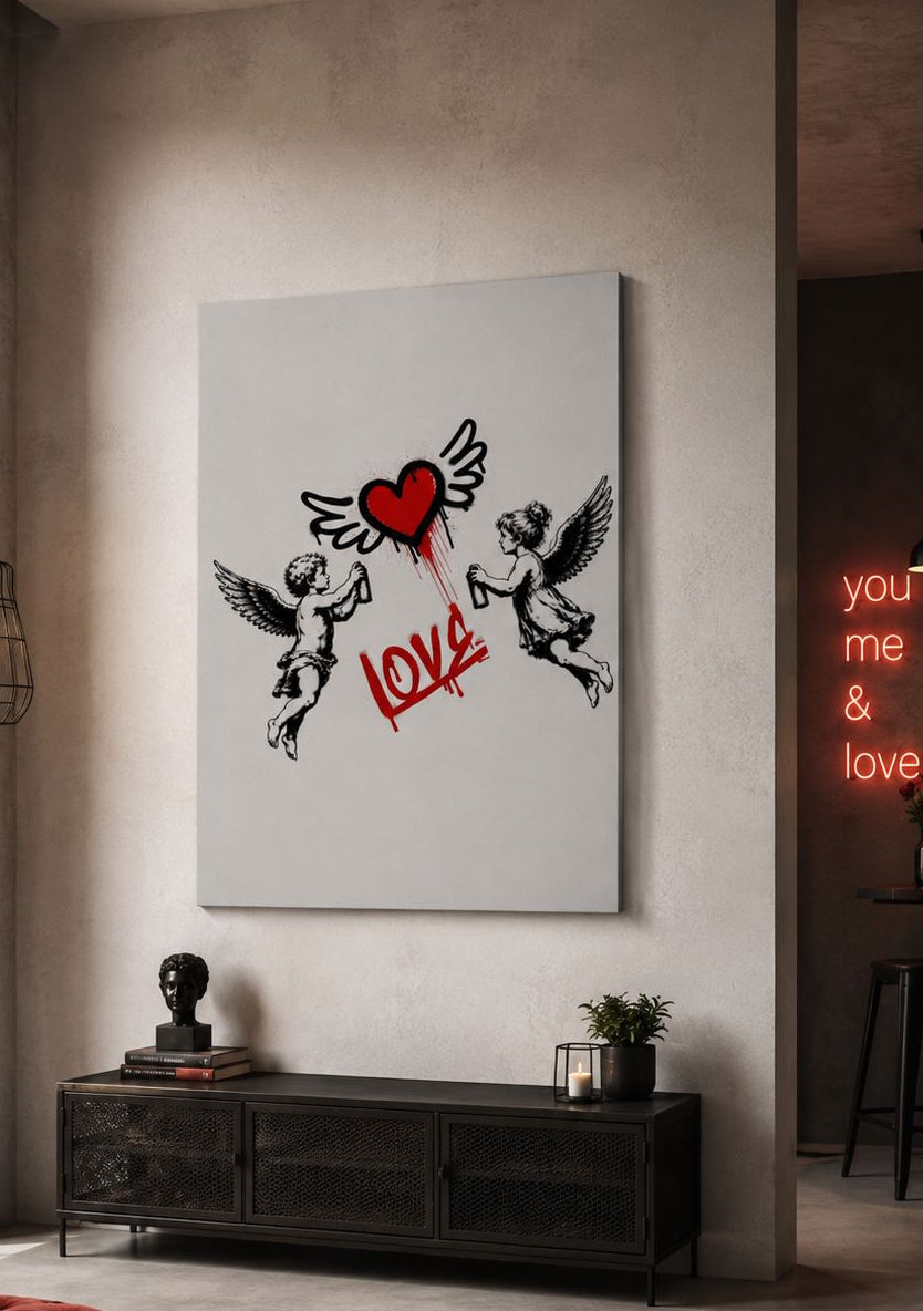 Tableau anges street art avec cœur rouge
