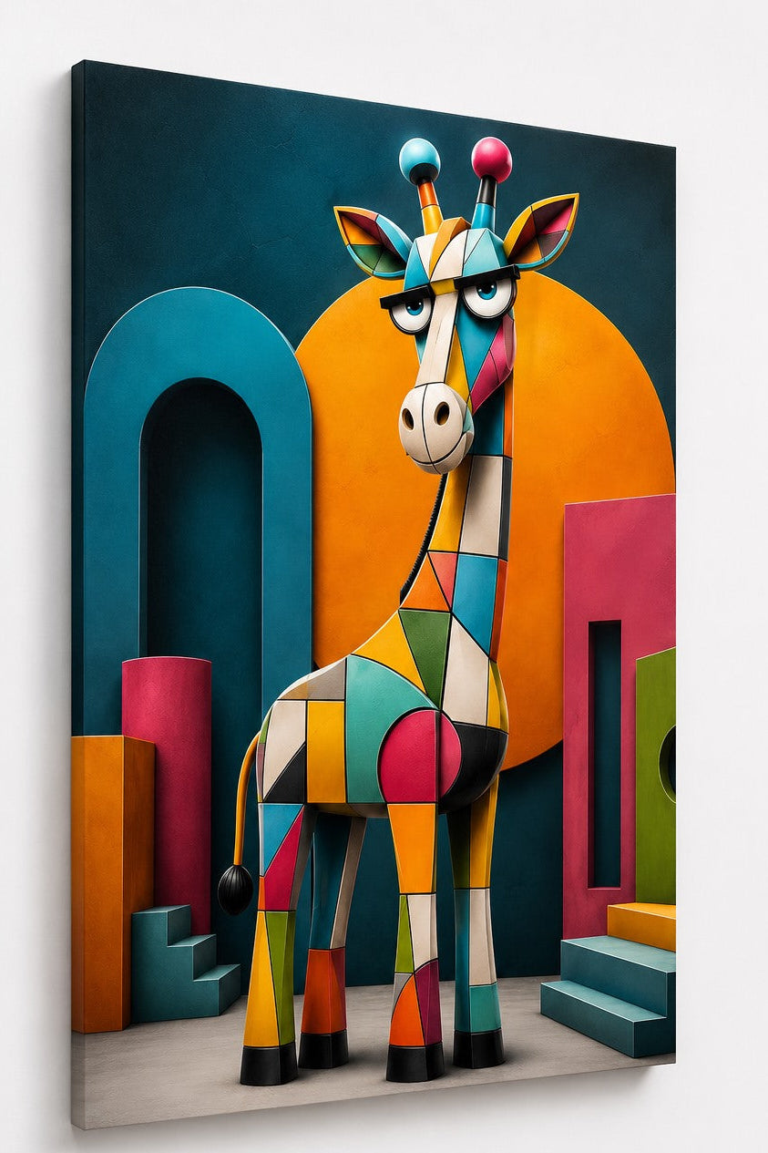Décoration murale contemporaine représentant une girafe graphique aux formes géométriques colorées
