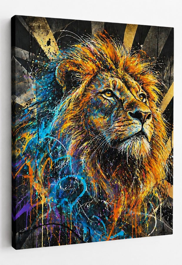 Tableau animal contemporain lion pop art avec couleurs vibrantes et style urbain moderne
