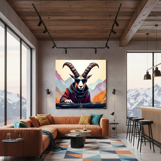 Tableau animal décalé chèvre DJ en décoration murale intérieure
