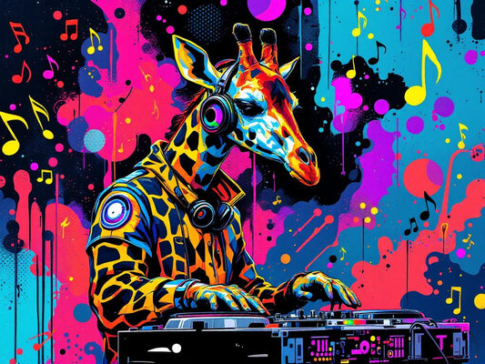 Tableau animal décalé girafe DJ vue de face
