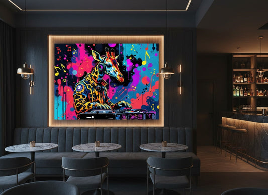 Tableau animal décalé girafe DJ en décoration murale intérieure
