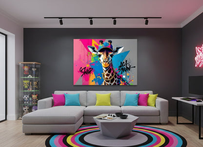 Tableau animal décalé girafe street art en décoration murale intérieure
