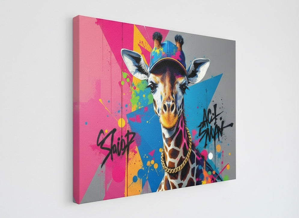 Tableau animal décalé girafe street art sur toile vue de profil
