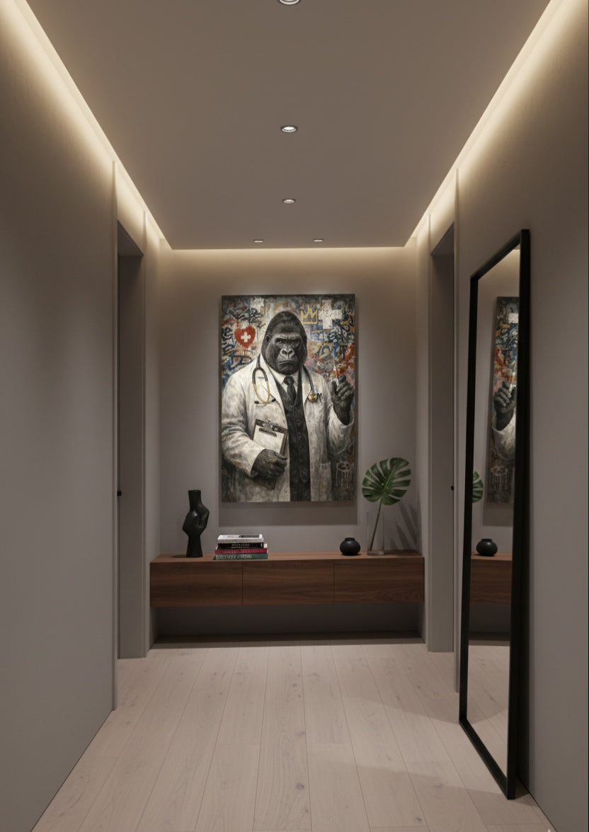 Tableau animal décalé représentant un gorille médecin, décoration murale contemporaine
