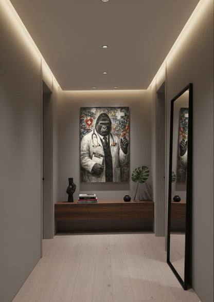 Tableau animal décalé représentant un gorille médecin, décoration murale contemporaine
