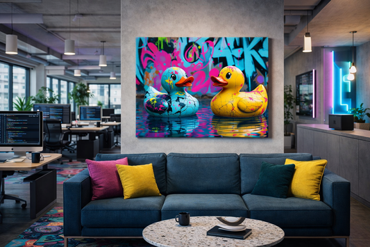 Tableau animal décalé pop art avec canards colorés, décoration murale contemporaine

