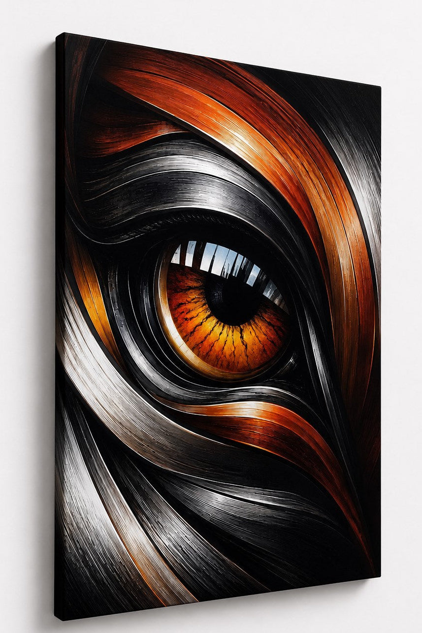 Tableau contemporain inspiré du regard d un fauve avec textures métalliques noir et cuivre
