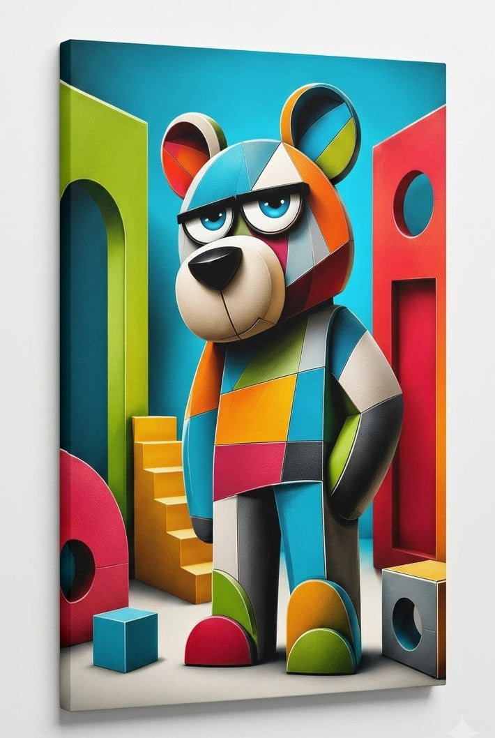 Décoration murale contemporaine représentant un ours graphique aux couleurs vives et ludiques

