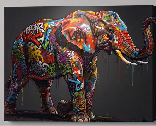 Tableau animal graffiti éléphant moderne avec ambiance urbaine et peinture colorée
