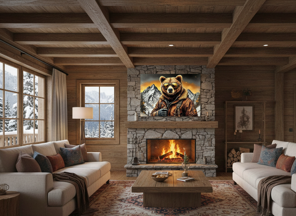 Tableau animal décalé représentant un ours en montagne, décoration murale contemporaine
