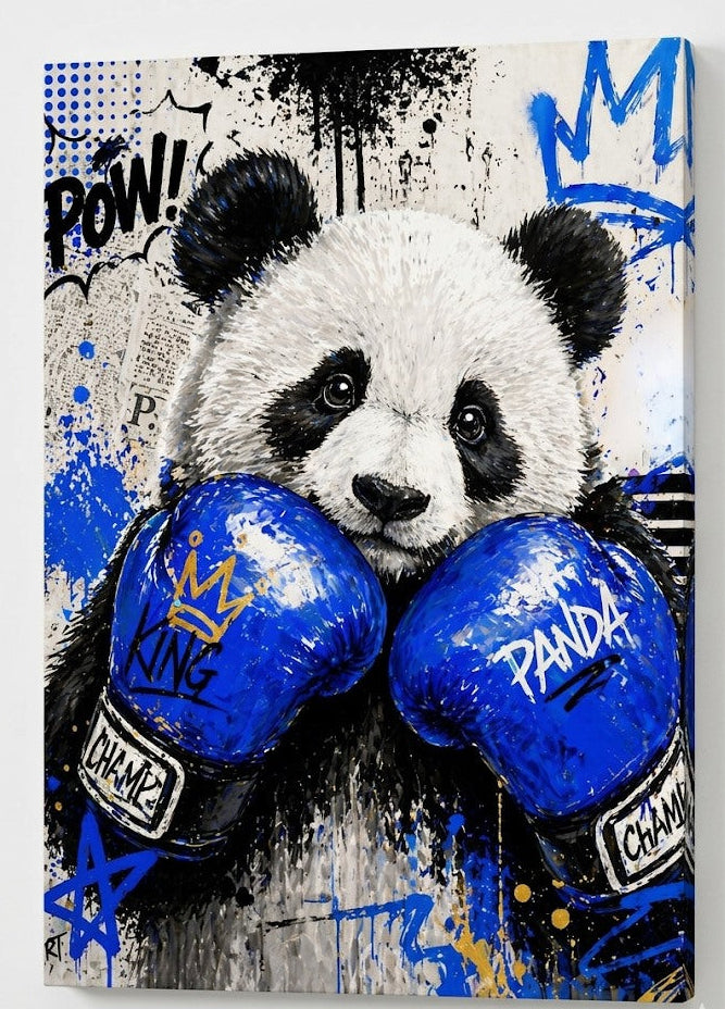 Tableau animal pop art panda boxeur avec style urbain moderne et énergie graphique
