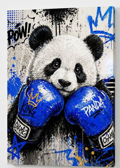 Tableau animal pop art panda boxeur avec style urbain moderne et énergie graphique
