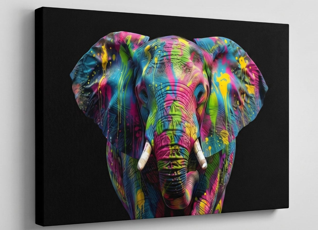 Tableau animal street art éléphant multicolore avec effet graffiti contemporain dynamique
