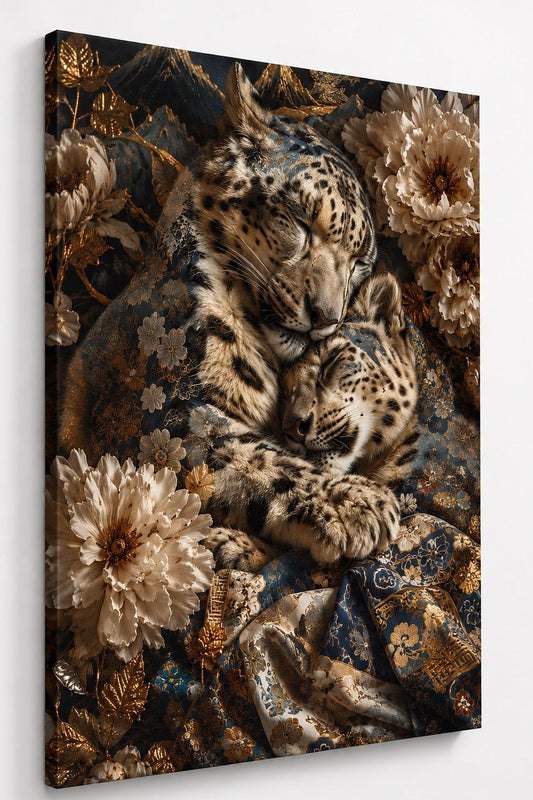 Œuvre animalière contemporaine mêlant tendresse sauvage, fleurs élégantes et atmosphère sophistiquée
