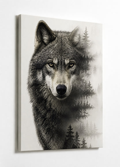 Tableau animalier contemporain représentant un loup majestueux et une forêt sauvage
