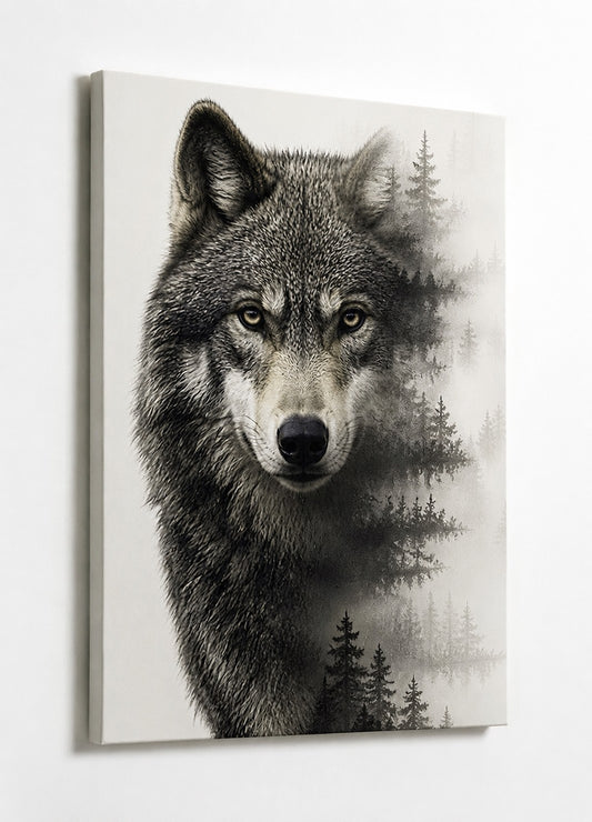 Tableau animalier contemporain représentant un loup majestueux et une forêt sauvage
