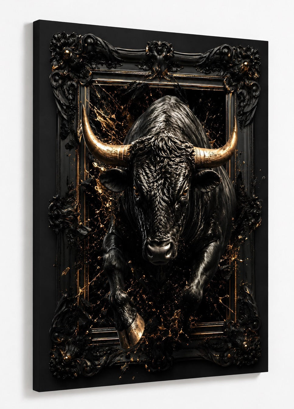 Tableau animalier design haut de gamme avec taureau noir majestueux
