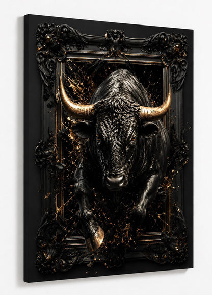 Tableau animalier design haut de gamme avec taureau noir majestueux
