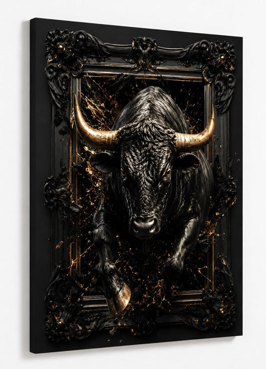 Tableau animalier design haut de gamme avec taureau noir majestueux
