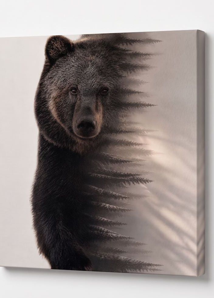 Tableau animalier représentant un ours brun dans une ambiance naturelle et forestière

