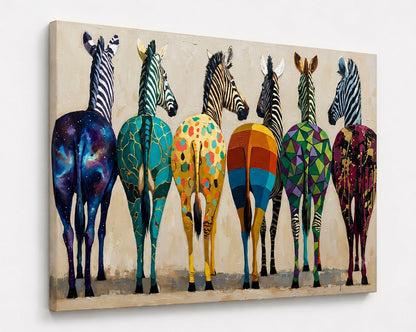 Décoration murale animalière représentant plusieurs zèbres revisités dans un style artistique coloré
