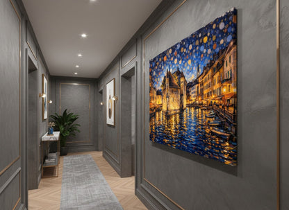 Tableau Annecy accroché dans un salon contemporain, décoration murale ville romantique et lumineuse.
