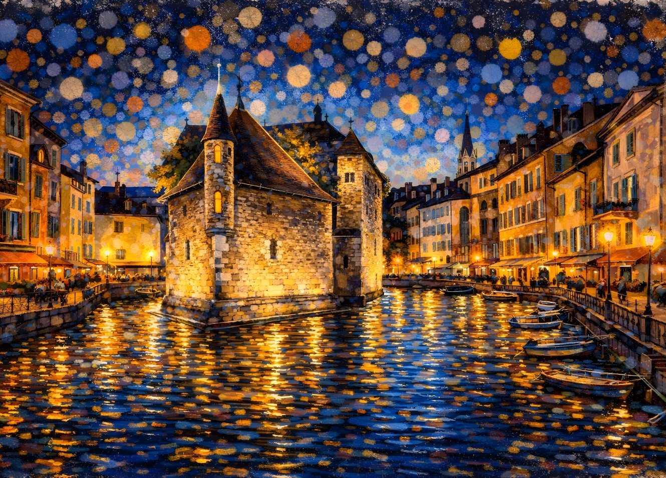 Tableau Annecy nuit étoilée avec Palais de l’Isle et reflets dorés, création exclusive Iconik-Art.
