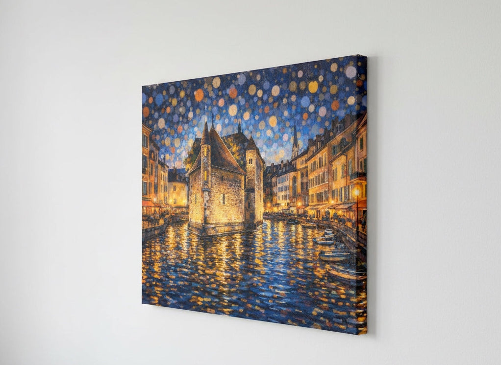 Vue de profil du tableau Annecy sur toile châssis, détails des lumières et impression haute qualité.

