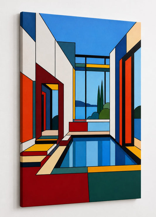 Tableau architecture Bauhaus imprimé sur toile avec vue de profil et lignes géométriques colorées
